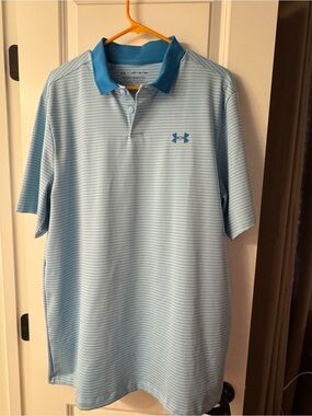 Under Armour Light Blue Striped Performance Polo with Teal Collar